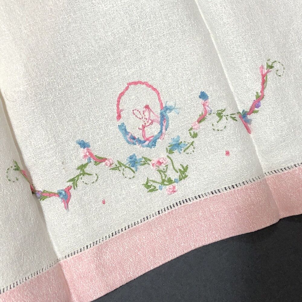 Vintage Tea Towel Set Monogram H K X Embroidered Tiny Flowers Pink Blue - Picture 7 of 16